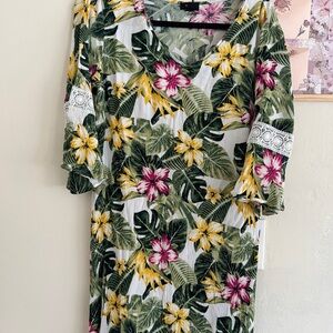 Floral Tropical Dress with Lace Accents